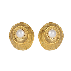 Настоящее золото 18K 304 Серьги-гвоздики овальной формы из нержавеющей стали с жемчугом из ракушек, белые, реальный 18 k позолоченный, 27x28 мм