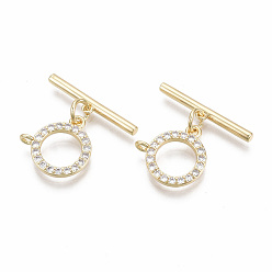 Real 18K Gold Plated Brass Micro Pave Clear Cubic Zirconia Toggle Clasps, with Jump Rings, Nickel Free, Ring, Real 18K Gold Plated, Total Length: 19mm, Bar: 19x4x2mm, Hole: 1.5mm, Ring: 14.5x14.5x3mm, Hole: 1.5mm