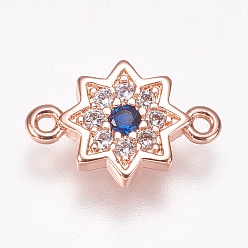 Розовое Золото Латунные микро проложить кубических ссылки циркония, цветок, синие, розовое золото , 10x7x1.5 мм, отверстие : 0.5 мм