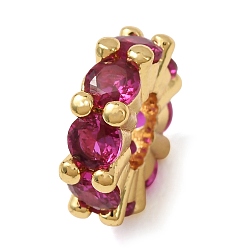 Medium Violet Red Brass Pave Cubic Zirconia European Beads, Large Hole Beads, Gear, Golden, Medium Violet Red, 3.5x11.5mm, Hole: 4.5mm