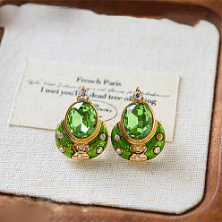 Lime Green Brass Pave Cubic Zirconia Stud Earrings, Oval, Glass Earrings, Golden, Lime Green, 25x18mm