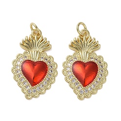 Настоящее золото 16K Латунные микропаве прозрачные подвески с фианитом, без кадмия и без свинца, с эмалью, святое сердце, реальный 16 k позолоченный, 25.5x16x2.5 мм