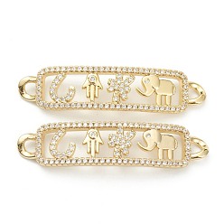 Настоящее золото 18K Латунные соединители звеньев микропаве, прозрачные кубические циркония, долговечный, прямоугольник с пальмой, слоном и цветком, реальный 18 k позолоченный, 11x47x3 мм, отверстие : 2.5 мм