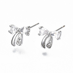Real Platinum Plated Brass Stud Earrings, with Clear Cubic Zirconia, Nickel Free, Bowknot, Real Platinum Plated, 8.5x9mm, Pin: 0.7mm