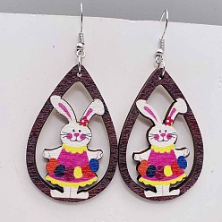 Разноцветный Пасхальные деревянные серьги-подвески, слеза с кроликом, платина, красочный, 70x38 мм