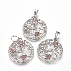 Cherry Quartz Glass Cherry Quartz Glass Pendants, with Platinum Tone Brass Findings and Crystal Rhinestone, Flat Round, 29x25.5x4.5mm, Hole: 4.5x8mm
