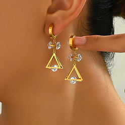 Золотой Модные геометрические треугольные серьги-кольца из нержавеющей стали, с четким кубического циркония, универсальные и элегантные аксессуары, золотые, 42x15 мм