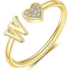 Letter W Регулируемые латунные кольца из манжеты из горного хрусталя, письмо и сердце, золотые, Буква W, внутренний диаметр: 15~20 мм