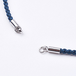Marine Blue Braided Cotton Cord Bracelet Making, with Brass Lobster Claw Clasps and Extender Chains, with Rhinestone, Platinum, Marine Blue, 5-3/8 inch~5-1/2 inch(13.5~14cm), 3mm, Hole: 2mm