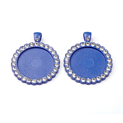 Royal Blue Alloy Pendant Cabochon Settings, Plain Edge Bezel Cups, with Crystal Rhinestone, Flat Round, Royal Blue, Tray: 25mm, 43x34x3mm, Hole: 4.5x6.5mm