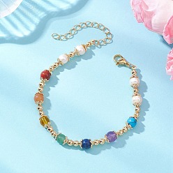 Разноцветный Браслеты из драгоценных камней, натурального пресноводного жемчуга и латунных бусин для женщин, круглые, красочный, 7-3/8 дюйм (18.6 см)