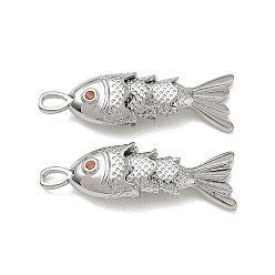 Platinum Brass Micro Pave Orange Red Cubic Zirconia Pendants, Fish Charms, Rack Plating, Long-Lasting Plated, Lead Free & Cadmium Free, Platinum, 26x8x5.5mm, Hole: 1.5x2.5mm