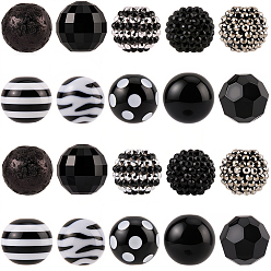 Черный 20шт. 10 стили наборы акриловых и смоляных бусин, круглые, чёрные, 19~20x19~20 мм, отверстие : 2~4.3 мм, 2 шт / стиль