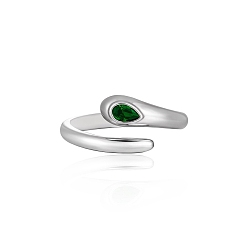 Dark Green Brass Pave Cubic Zirconia Cuff Open Rings, Snake, Platinum, Dark Green, 15~20mm