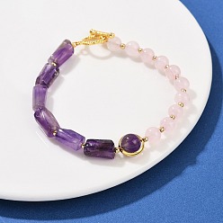 Розовый Кварц Браслеты из натурального розового кварца, натурального аметиста, латунных круглых и призматических бусин для женщин, реальный 18 k позолоченный, долговечный, стойки покрытие, 8-1/8 дюйм (20.5 см)