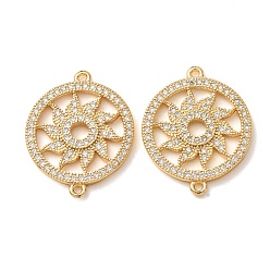 Chapado en Oro Real 18K Dijes de conector de zirconia cúbica transparente con micro pavé de latón, plano redondo con enlaces de sol, chapado en rack, larga duración plateado, sin plomo y cadmio, real 18 k chapado en oro, 23x18.5x2 mm, agujero: 1 mm