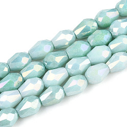 Бледно-бирюзовый Антикоррозийные гальванические стеклянные бусины, имитация драгоценных камней, слеза, с покрытием AB цвета, граненые, два тона, бледные бирюзовая, 8~8.5x6 мм, отверстие : 1 мм, около 45~46 шт / нитка, 14.57~14.96'' (37~38 см)