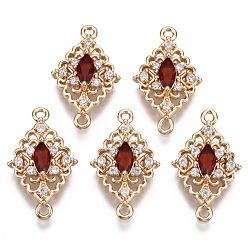 Red Brass Micro Pave Cubic Zirconia Links Connectors, with Glass, Long-Lasting Plated, Rhombus, Light Gold, Red, 20x12x4mm, Hole: 1.2mm
