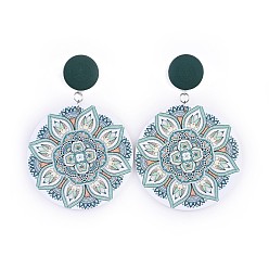 Темно-Зеленый Окрашенные деревянные серьги-гвоздики с рисунком, с плоскими круглыми бусинами из окрашенной груши и 304 из нержавеющей стали, пластиковые гайки для ушей, темно-зеленый, 88 мм , штифт: 0.7 мм