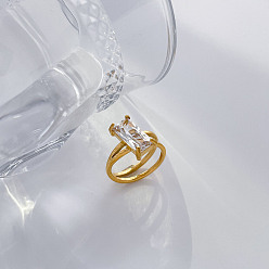 Rectangle 304 кольца из нержавеющей стали с кубическим цирконием, реальный 18 k позолоченный, прямоугольные, размер США 6 (16.5 мм)