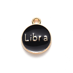 Libra Alloy Enamel Pendants, Flat Round with Constellation, Light Gold, Black, Libra, 15x12x2mm, Hole: 1.5mm, 100pcs/Box