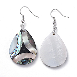Platinum Abalone Shell/Paua Shell Dangle Earrings, with Brass Ice Pick Pinch Bails and Earring Hooks, Teardrop, Platinum, 54mm, Pin: 0.7mm