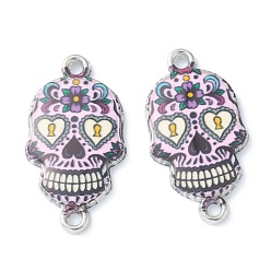 Perlas de Color Rosa Conectores de enlaces de esmalte de aleación, cráneo del azúcar, para el día de fiesta mexicano de los muertos, Platino, rosa perla, 25.5x13.5x2.5 mm, agujero: 1.6 mm