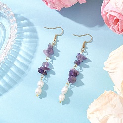 Аметист 304 серьги-подвески из нержавеющей стали с натуральным культивированным пресноводным жемчугом и рисом, с естественным аметист, золотые, 72.5~74.5x10 мм