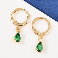 Зеленый Серьги-кольца в форме слезы с микропаве из кубического циркония из латуни, реальный 18 k позолоченный, зелёные, 22x5 мм