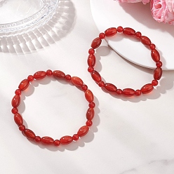Красный Агат 2шт. 2 стили браслетов из натурального сердолика с бусинами, эластичные, для пары, рис и круглый, внутренний диаметр: 2.60 дюйм (6.6 см)