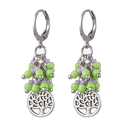 Tree of Life Boucles d'oreilles dormeuses en alliage de style tibétain, boucles d’oreilles en grappe de graines de verre, arbre de la vie, 40mm