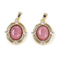 Родонит Овальные подвески из натурального родонита, латунные прозрачные кубические циркониевые подвески, реальный 18 k позолоченный, 19x15.5x5.5 мм, отверстие : 4.5x2.5 мм
