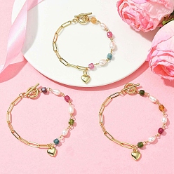Настоящее золото 18K Браслеты с подвесками в виде сердечек из латуни, Браслеты из натуральных разноцветных турмалинов и культивированного пресноводного жемчуга для женщин., реальный 18 k позолоченный, 7.68 дюйм (19.5 см)