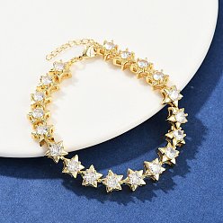 Настоящее золото 18K Латунные браслеты со звездообразными звеньями из прозрачного кубического циркония для женщин, стойки покрытие, долговечный, без свинца и без кадмия, реальный 18 k позолоченный, 7-1/8 дюйм (18.1 см)