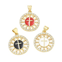 Mixed Color Religion Cross Brass Micro Pave Clear Cubic Zirconia Pendants, Flat Round Charms with Enamel, Lead Free & Cadmium Free, Long-Lasting Plated, Rack Plating, Real 18K Gold Plated, Mixed Color, 21x19x2mm, Hole: 5x3.5mm