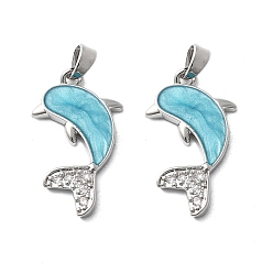 Светло-Голубой Латунь микропаве фианиты с подвесками из эмали, без кадмия, без никеля и без свинца, дельфин, платина, Небесно-голубой, 23.5x13.5x2 мм, отверстие : 4x2.5 мм