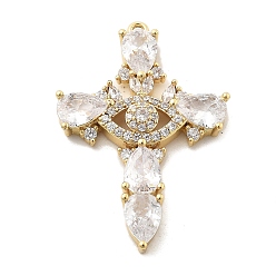 Настоящее золото 18K Латунные микропаве прозрачные подвески с фианитом, крестик, стойки покрытие, долговечный, без свинца и без кадмия, реальный 18 k позолоченный, 34.5x23.5x4.5 мм, отверстие : 1.2 мм