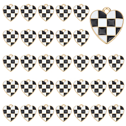 Черный 50 шт. Подвески из сплава эмали, без кадмия и без свинца, золотой свет, сердце, клетчатые подвески, чёрные, 17.5x15.5x1.5 мм, отверстие : 1.8 мм