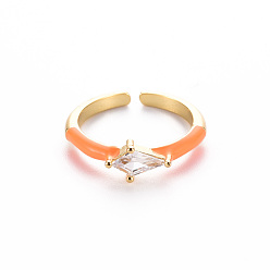 Dark Orange Brass Enamel Cuff Rings, Open Rings, Solitaire Rings, with Clear Cubic Zirconia, Nickel Free, Rhombus, Golden, Dark Orange, US Size 7(17.3mm)