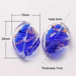 Blue Handmade Gold Sand Lampwork Beads, Twist, Blue, 20x15x7mm, Hole: 2mm