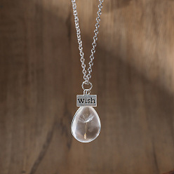 Прозрачный Подвеска-кулон в форме капли из смолы с семенами одуванчика, цепочка-цепочка для женщин., платина, прозрачные, 18.50 дюйм (47 см)
