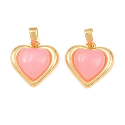 Pink Brass & Resin Pendants, Heart Charm, Real 18K Gold Plated, Pink, 15x15.5x5mm, Hole: 5x2.5mm