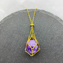 Аметист Натуральный аметист самородки макраме мешочек кулон 201 ожерелья из нержавеющей стали цепи, реальный 18 k позолоченный, 23.62 дюйм (60 см)