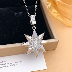 Fleur Colliers en laiton avec pendentif en zircone cubique transparent pour femmes, micro pavé, avec 304 chaînes de câble en acier inoxydable, couleur argent plaqué, fleur, 15.75 pouce (40 cm)