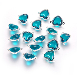 Темно-бирюзовый Соединители стеклянные ссылки, с элементами из экологически чистого сплава, сердце, серебряный цвет гальваническим, темные бирюзовый, 14x18.5x7 мм, отверстие : 1.2 мм