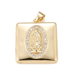 Прозрачный Латунные микропроволочные кубические циркониевые медальоны, фото прелести рамка для ожерелья, реальный 18 k позолоченный, без свинца и без кадмия, площадь со святым, прозрачные, 22.5x20x5 мм, отверстие : 4x3 мм, внутренний диаметр: 15x15 мм