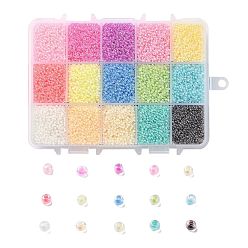 Mixed Color FGB 375G 15 Colors 12/0 Grade A Round Glass Seed Beads, Transparent Inside Colours, Luster Plated, Mixed Color, 2.3x1.5mm, Hole: 1mm, 25g/color, about 40000pcs/box