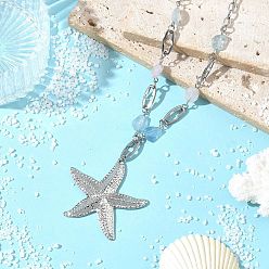 Stainless Steel Color Summer Beach 304 Stainless Steel Starfish Pendant Natural Aquamarine & Lavender Amethyst Beaded Chain Necklaces for Women, Stainless Steel Color, 17.52 inch(44.5cm)