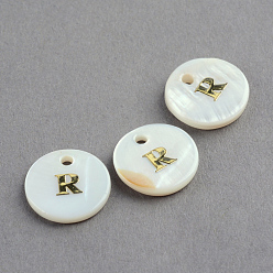 Letter R Подвески из пресноводных оболочек, плоский круглый с золотой блокировкой letter.r, 11.5x2 мм, отверстие : 1.5 мм