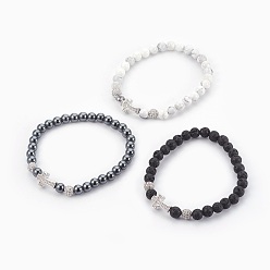 Gemischte Stein Natürliche und synthetische Mixed-Stone-Stretch-Armbänder, mit Messingmikro Zirkonia Perlen ebnen, Transparent, 2-1/8 Zoll (5.4 cm)